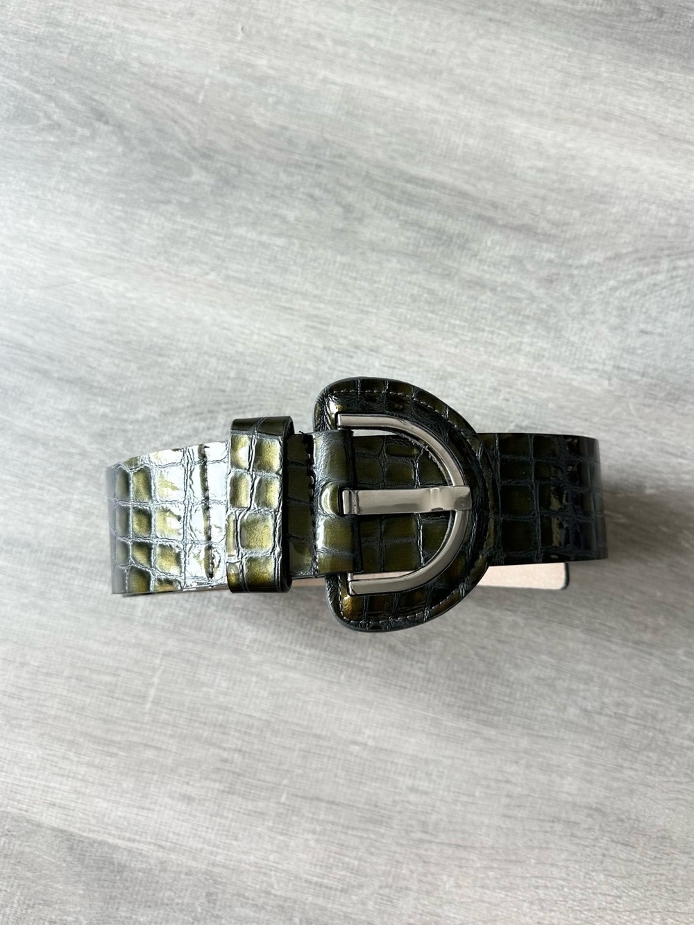 Danier Olive Green Croc Embossed Leather Belt with Silver Buckle